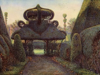 Teixos no castelo de Elvaston, Derbyshire (litografia a cores) de Ernest Arthur Rowe