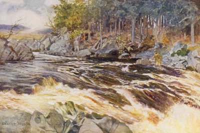 A pesca do salmão no Ken, um momento crítico (litografia a cores) de Ernest Edward Briggs
