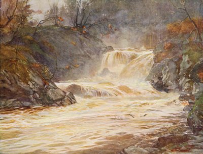 As cascatas de Lochay em inundação (litografia a cores) de Ernest Edward Briggs