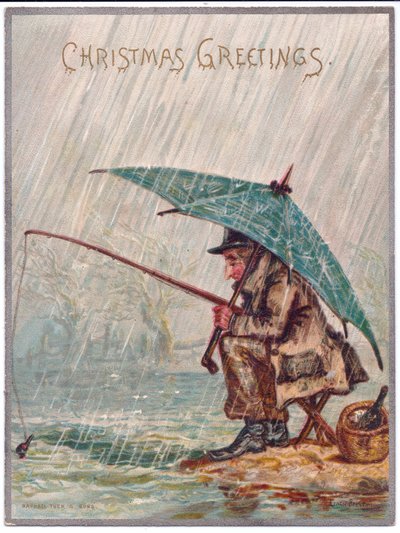 Um cartão de Natal vitoriano de um pescador solitário em um dia chuvoso, c.1880 de Ernest Henry Griset