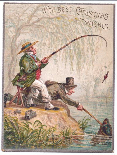 Um, vitoriano, cartão natal, de, dois homens, pesca, por, a, rio, c.1880 de Ernest Henry Griset