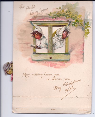 Um cartão de Natal vitoriano de dois robbins em nightclothes olhando pela janela em alarme, c.1880 de Ernest Henry Griset