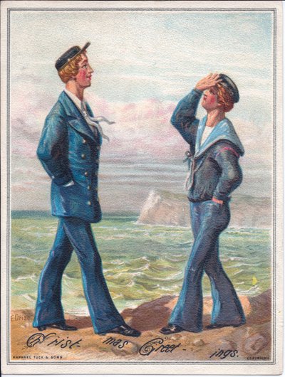 Um cartão de Natal vitoriano de dois marinheiros andando pelo oceano, c.1880 de Ernest Henry Griset