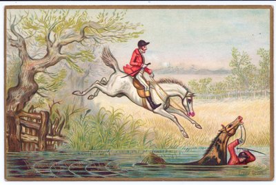 Um cartão de ano novo vitoriano de uma caça à raposa com um caçador e seu cavalo caindo no rio, cerca de 1880 de Ernest Henry Griset