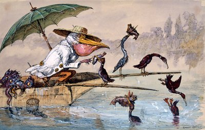 Cormorões apresentando peixes a um pelicano em um barco sob um guarda-chuva, c1864-1907 de Ernest Henry Griset