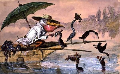 Cormorantes que apresentam o peixe a um pelicano num trocadilho sob um guarda-chuva do 