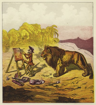 John Bold surpreendido por um leão enquanto pinta de Ernest Henry Griset