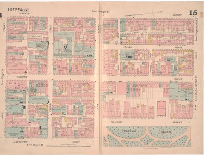 Mapa de seguros da cidade de Filadélfia; volume 2, plate15, 1887 (gravura colorida à mão) de Ernest Hexamer