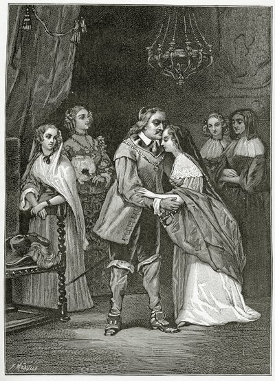 Cromwell e suas filhas, do século XIX (gravura bw) de Ernest Hillemacher