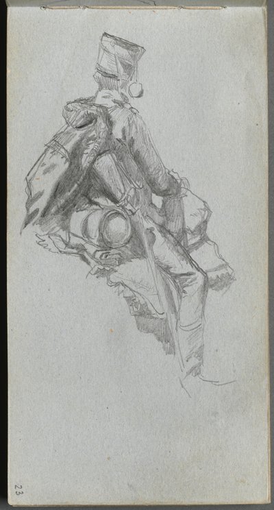 Caderno de desenho, página 23: Soldado sentado. de Jean Louis Ernest Meissonier