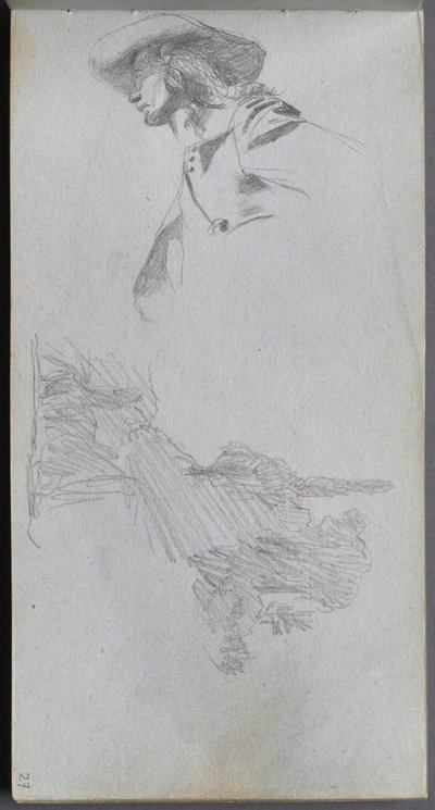 Sketchbook, página 27: Estudo de detalhes para "Em um terraço" e estudo de paisagem de Ernest Meissonier