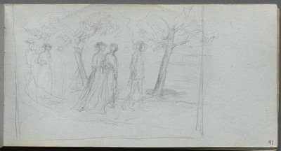 Caderno de desenho, página 41: Figuras em uma paisagem. de Jean Louis Ernest Meissonier