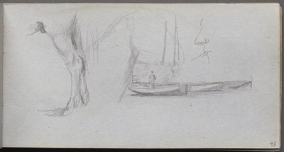 Sketchbook, página 43: Estudos: perna de cavalo, figura em um barco e perfil de Ernest Meissonier