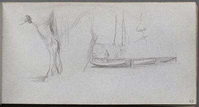 Caderno de desenho, página 43: Estudos: Perna de cavalo, Figura em um barco e Perfil. de Jean Louis Ernest Meissonier