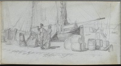 Caderno de desenho, página 50: Barcos, figuras, carga na praia. de Jean Louis Ernest Meissonier