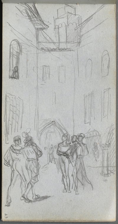 Caderno de desenho, página 63: Figuras em um pátio. de Jean Louis Ernest Meissonier