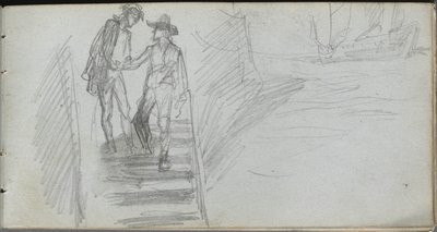 Caderno de desenho, página 64: Figuras em uma escada. de Jean Louis Ernest Meissonier