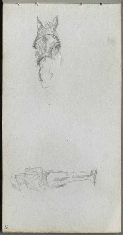 Sketchbook, página 69: Estudo de uma mão, um cavalo e uma figura de Ernest Meissonier