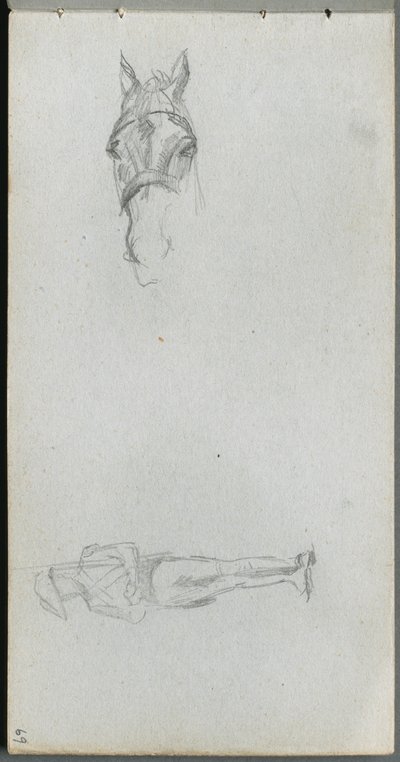 Caderno de desenho, página 69: Estudo de uma mão, um cavalo e uma figura. de Jean Louis Ernest Meissonier