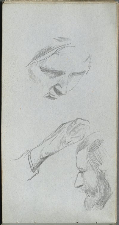 Caderno de desenho, página 70: Estudo de duas faces e uma mão. de Jean Louis Ernest Meissonier