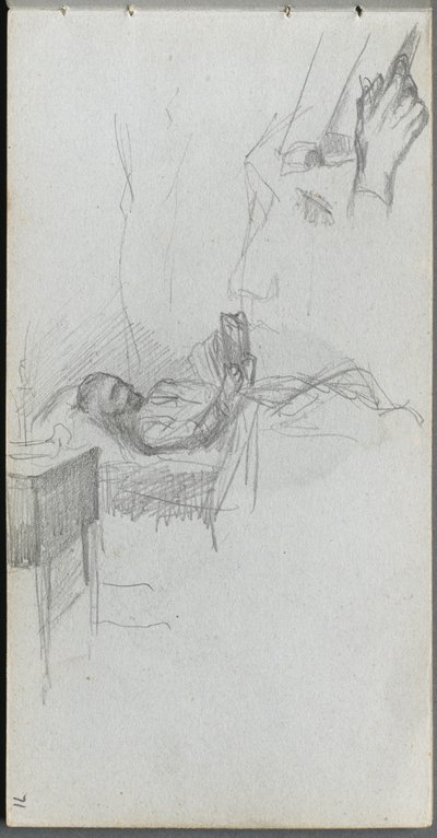 Caderno, página 71: Estudo de uma figura lendo na cama, estudo de uma mão. de Jean Louis Ernest Meissonier