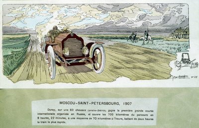 Corrida de carros: Moscovo - São Petersburgo, cerca de 1900 - desenho de Ernest Montaut (1878-1909). de Ernest Montaut