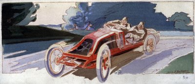Szisz no carro Renault, vencedor do Grande Prémio ACF, c. 1910 (ilustração) de Ernest Montaut
