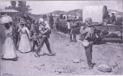 Soldados britânicos que assistem refugiados bôeres, ilustração de After Pretoria: The Guerilla War, 1902 de Ernest Prater
