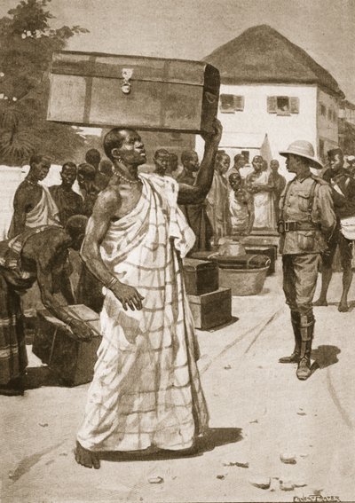 Transportadoras partindo de Cape Coast Castle para Kumassi, ilustração de &39;Battles of the 19th Century: vol. VII, A Guerra Ashanti de 1900 &39;por Archibald Forbes, GA Henty e Major Arthur Griffith de Ernest Prater