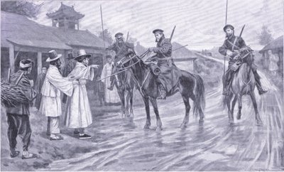 Escoteiros cossacos reunindo informações de um prisioneiro coreano, ilustração deCassells História da guerra russo-japonesa vol 1, c.1900 de Ernest Prater
