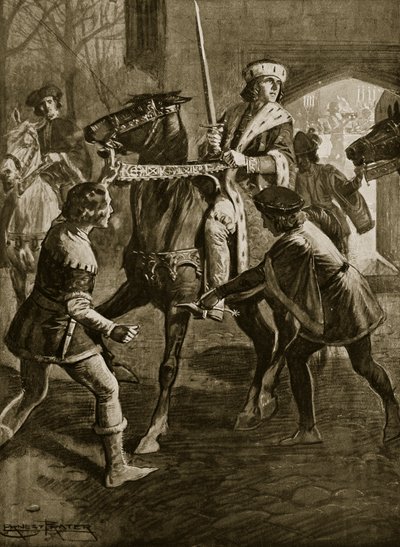 Edward IV foge da mansão do arcebispo em Hertfordshire, em 1470, ilustração da "Hutchinson&39;s Story ofthe British Nation", c.1923 de Ernest Prater