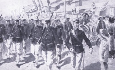 Marcha japonesa através de Tokio, ilustração fromCassells História da guerra russo-japonesa Vol 1, c.1900 de Ernest Prater