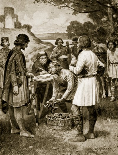 Pagando aluguel na época saxônica, ilustração de "Hutchinson