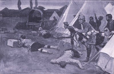 O ataque ao campo britânico no mercado de Jacobsdal, ilustração de After Pretoria: The Guerilla War, 1902 de Ernest Prater