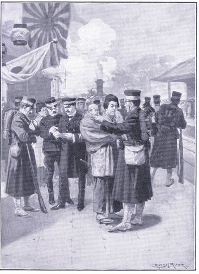 Tropas deixando Tokio, ilustração fromCassells História da Guerra Russo-Japonesa Vol 1, c.1900 de Ernest Prater
