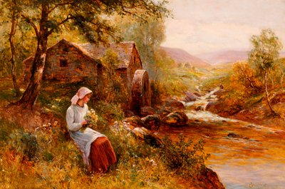 Uma jovem garota colhendo flores da primavera de Ernest Walbourn
