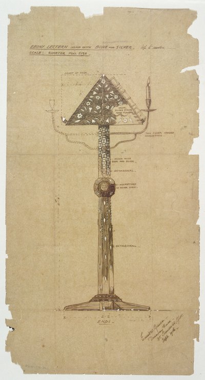 Design para Ebony Atril incrustado com osso e prata para Igreja de St. Andrews, Roker 1906 (caneta e tinta sobre papel) de Ernest William Gimson