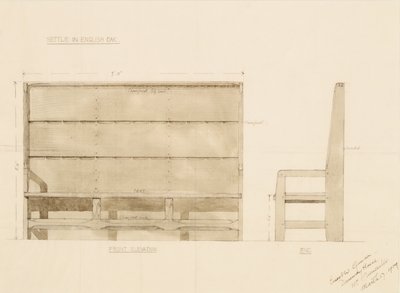 Design para Settle em Inglês Oak, 1909 (caneta com wc no papel) de Ernest William Gimson