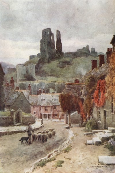 Castelo de Corfe (lito colorido) de Ernest William Haslehust