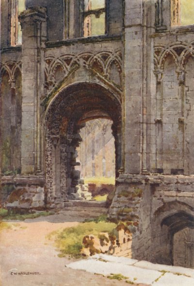 Porta da Capela de Santa Maria, Abadia de Glastonbury (cor litho) de Ernest William Haslehust