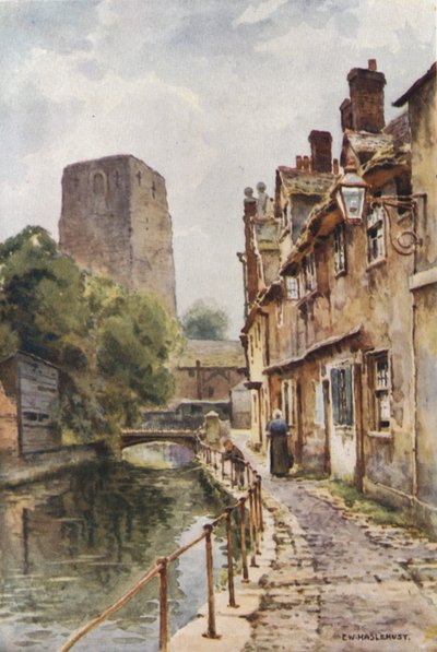 Fisher Row e Remains of Oxford Castle (lito colorido) de Ernest William Haslehust