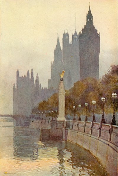 Câmaras do Parlamento a partir do aterro (cor litho) de Ernest William Haslehust