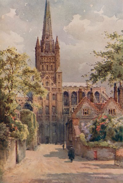 The Cathedral Precincts, Norwich (lito colorido) de Ernest William Haslehust