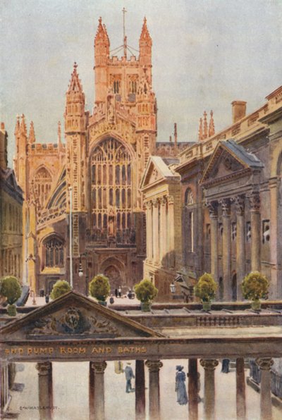 The Grand Pump-Room e Abbey, Bath (lito colorido) de Ernest William Haslehust