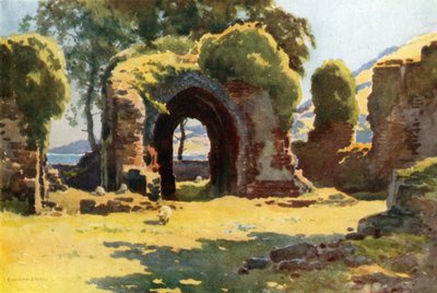 As Ruínas da Abadia de Lindores (cor litho) de Ernest William Haslehust