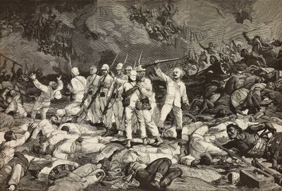 Batalha de Dogali, últimos sobreviventes apresentando armas, saudação caída, Guerra da Eritreia, gravura de Ernesto Mancastroppa e Cantagalli de desenho e composição de Ludovico Pogliaghi, de L