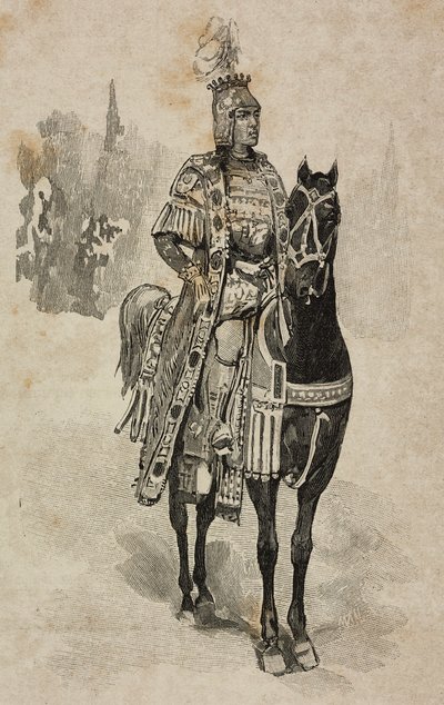 Duque de Aosta Emanuele Filiberto de Saboia em traje de Umberto Biancamano no torneio da Villa Borghese por ocasião das bodas de prata de Umberto I e Margherita de Saboia, Roma, Itália de Ernesto Mancastroppa