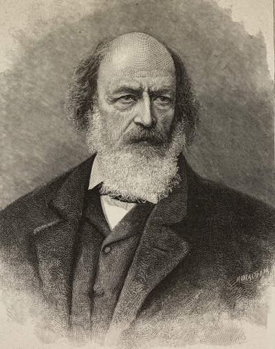 Retrato de Alfred Tennyson (1809-1892), poeta britânico, gravura de Ernesto Mancastroppa a partir de fotografia de Barraud, de L