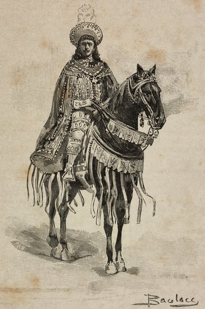 Príncipe de Nápoles em traje de Grão-Mestre da Ordem da Anunciação no Torneio da Villa Borghese por ocasião das bodas de prata de Umberto I e Margherita de Saboia, Roma, Itália de Ernesto Mancastroppa