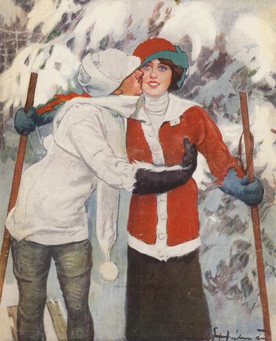 Casal esquiando no inverno (lito colorido) de Ernst (after) Heilemann